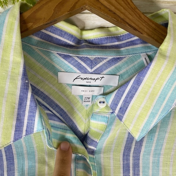 NWT Foxcroft NYC Blue Green Vertical Striped Linen Button Down Shirt - Picture 3 of 6